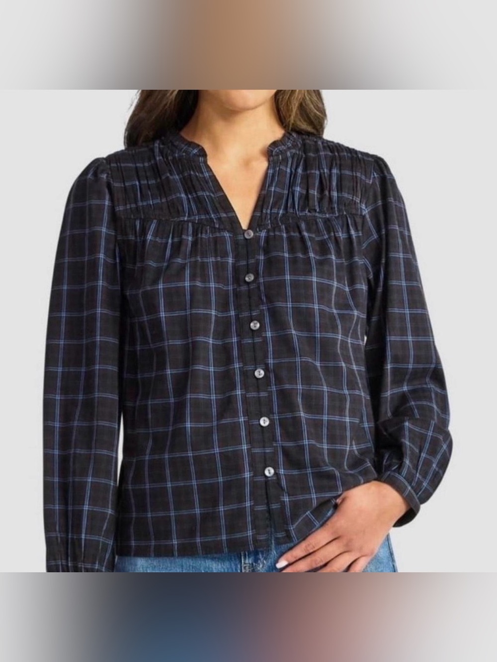 Women’s ruche yoke blouse long sleeve shirt, brown & blue plaid, size S 4-6, NWT